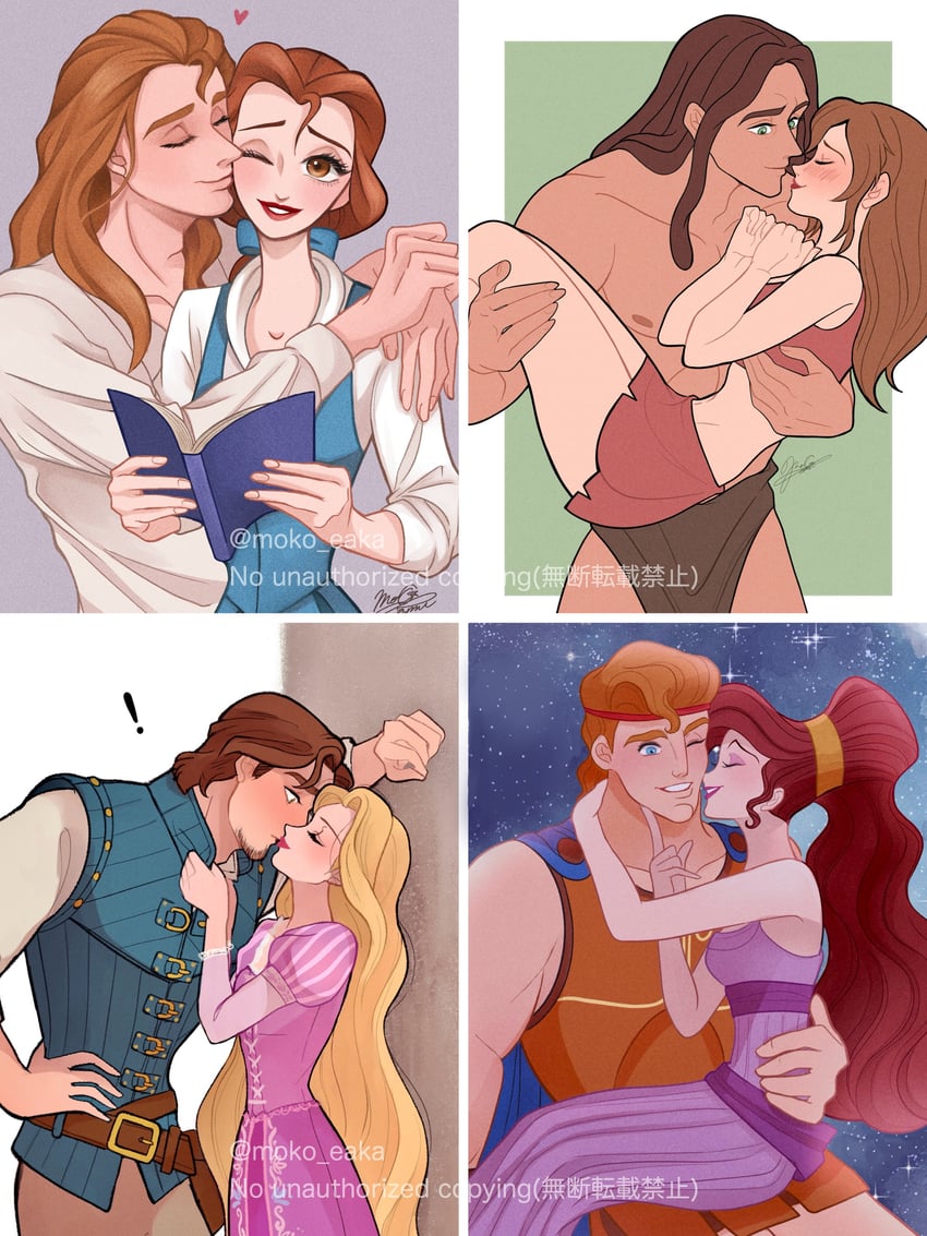 rapunzel, belle, megara, hercules, flynn rider, and 3 more (tangled and 3 more) drawn by moko_eaka