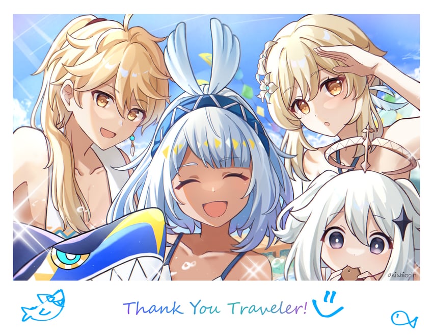 lumine, aether, paimon, and mualani (genshin impact) drawn by akishiorin