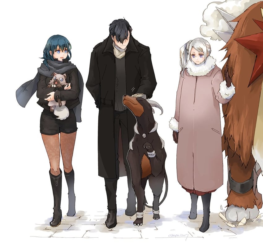 female byleth, edelgard von hresvelg, houndoom, hubert von vestra, rockruff, and 1 more (pokemon and 3 more) drawn by robaco