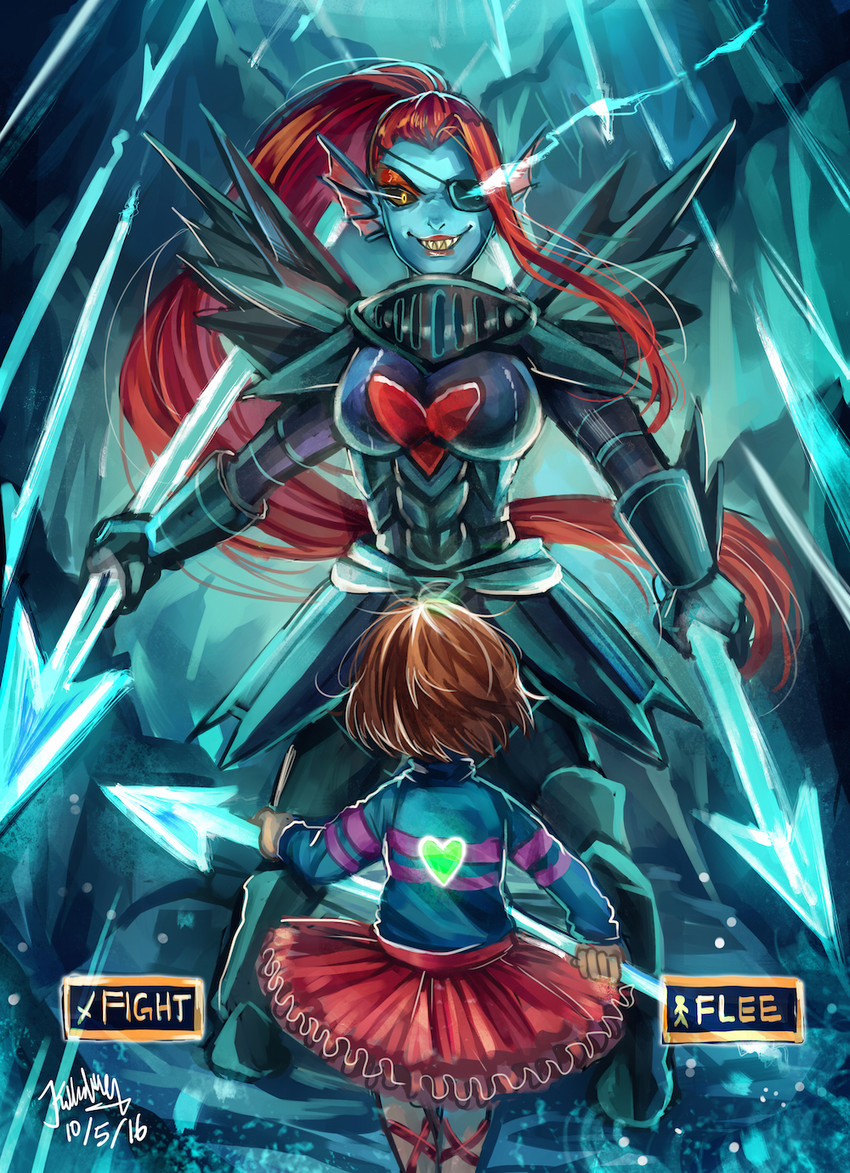 frisk, undyne, and undyne the undying (undertale) drawn by k_ptn