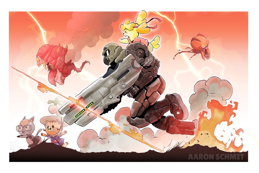 isabelle, doomguy, raymond, cacodemon, imp, and 1 more (animal crossing and 2 more) drawn by aaron_schmit
