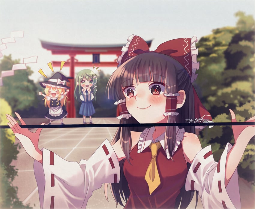 hakurei reimu, kirisame marisa, and kochiya sanae (touhou) drawn by konpota_(pixiv_113398422)