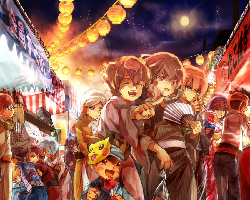 pikachu, kirino ranmaru, shindou takuto, matsukaze tenma, endou mamoru, and 8 more (pokemon and 2 more) drawn by r04315