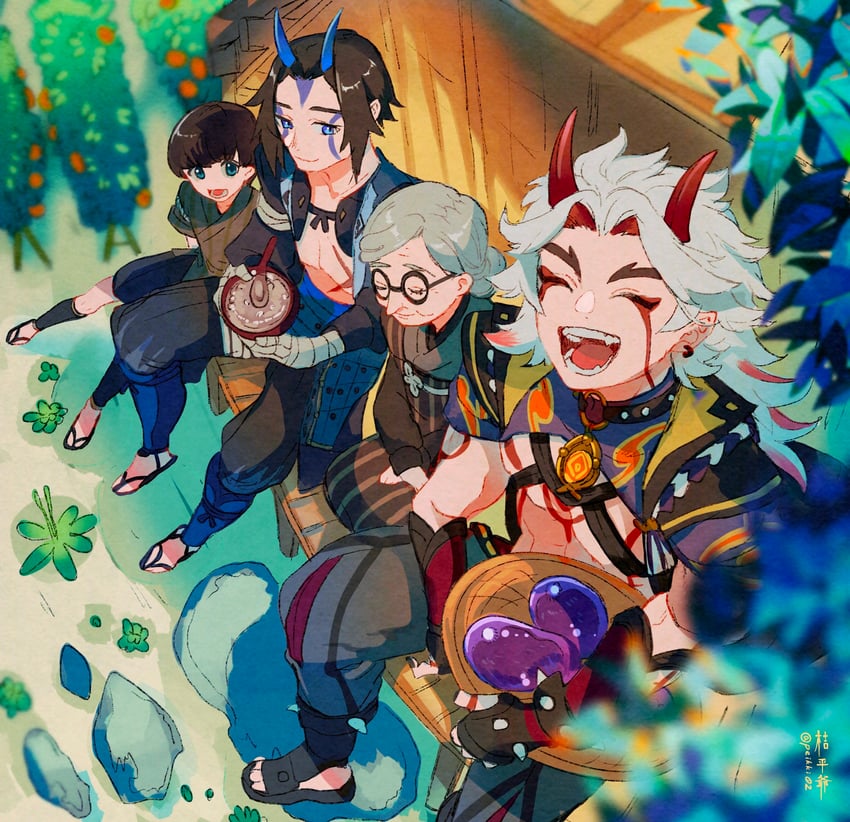 arataki itto, takuya, granny oni, and daisuke (genshin impact) drawn by kippeijii