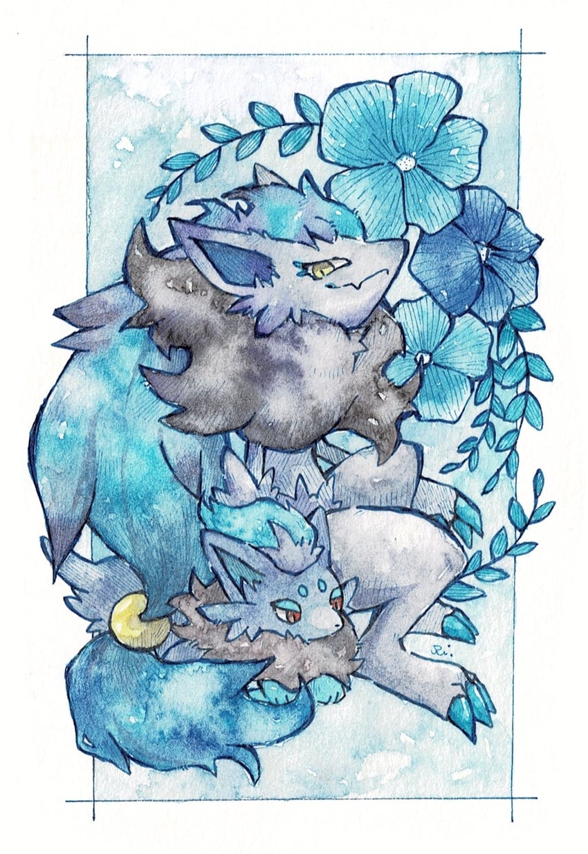zorua and zoroark (pokemon) drawn by rai_(rai_kw)