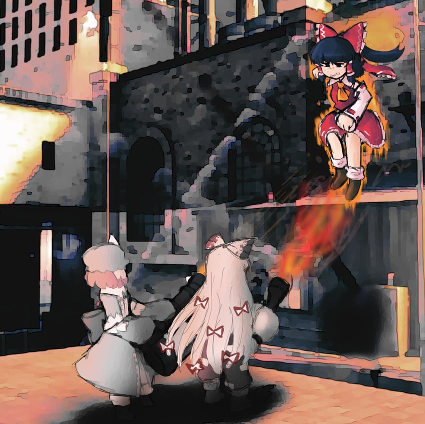 hakurei reimu, fujiwara no mokou, and saigyouji yuyuko (touhou and 1 more) drawn by iesonatana