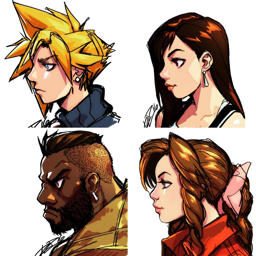 tifa lockhart, cloud strife, aerith gainsborough, and barret wallace (final fantasy and 3 more) drawn by robaato