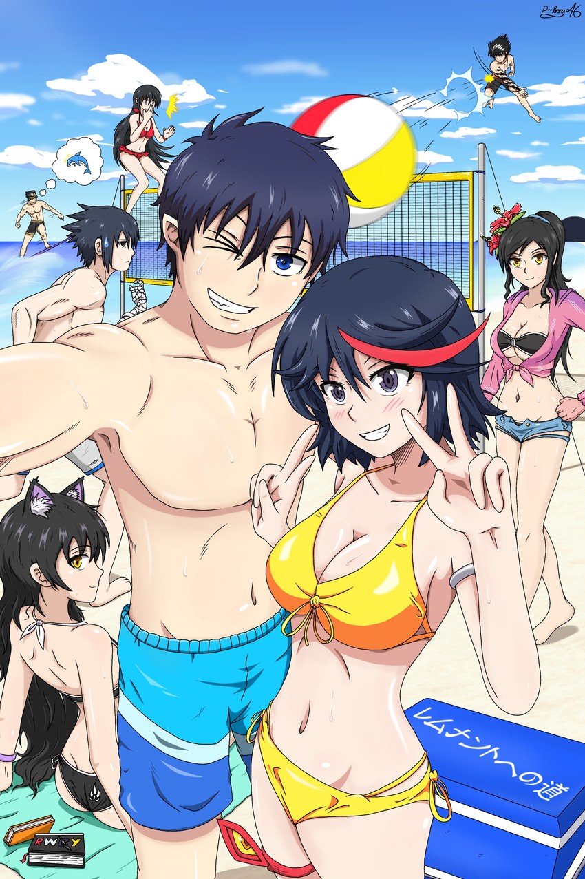 matoi ryuuko, kujo jotaro, uchiha sasuke, blake belladonna, velvet crowe, and 4 more (jojo no kimyou na bouken and 10 more) drawn by reyfearspsychosis
