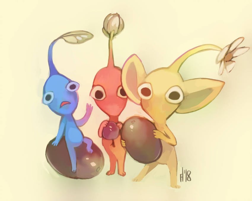 red pikmin, yellow pikmin, and blue pikmin (pikmin) drawn by wrenhat