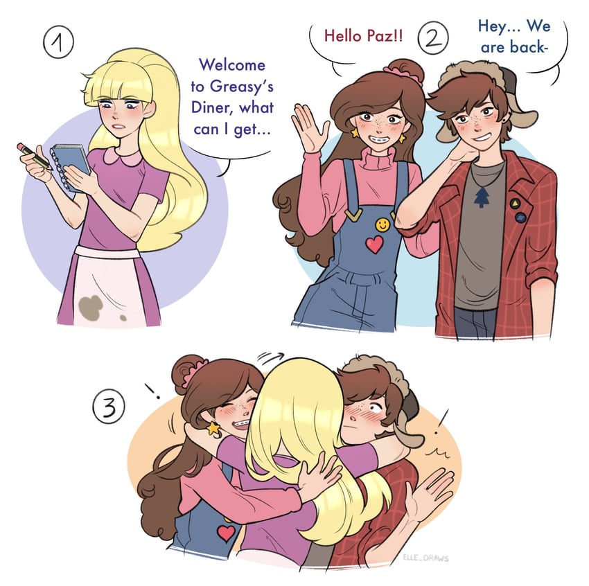 mabel pines, dipper pines, and pacifica northwest (gravity falls) drawn by elle_draws