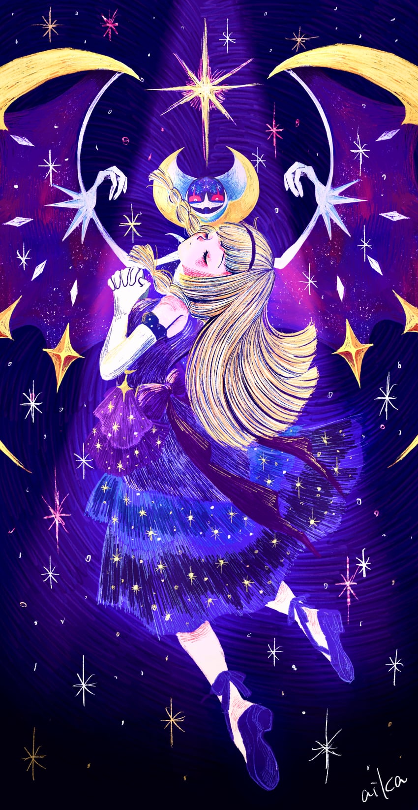 lunala and lillie (pokemon and 1 more) drawn by otonoha_aika