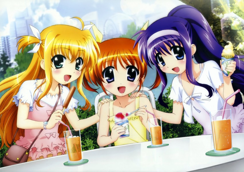 takamachi nanoha, arisa bunnings, and tsukimura suzuka (lyrical nanoha and 1 more) drawn by okuda_yasuhiro