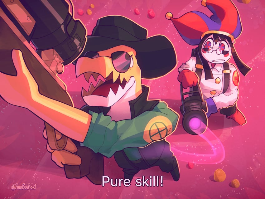 pomni, medic, sniper, and gummigoo (team fortress 2 and 1 more) drawn by dino-rex-makes