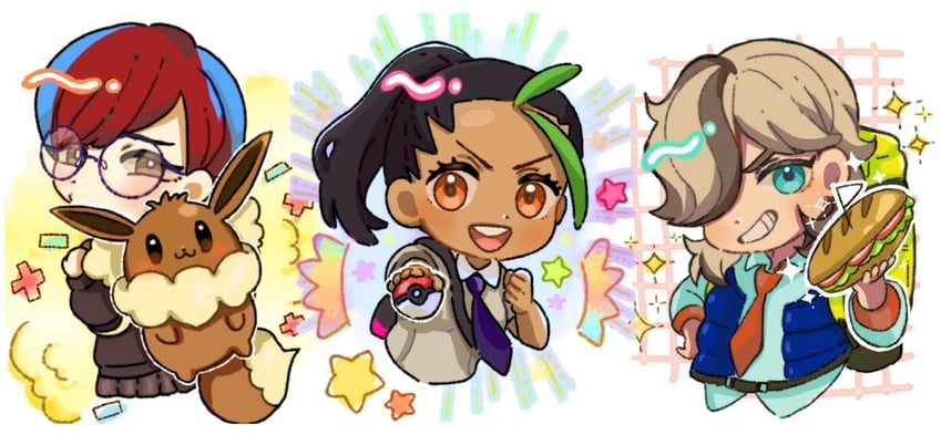 nemona, arven, and penny (pokemon and 1 more) drawn by mofumofuyarou