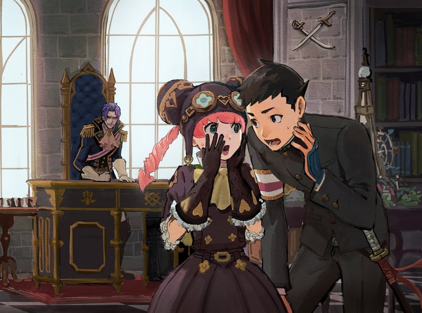 ryunosuke naruhodo, barok van zieks, and iris wilson (ace attorney and 1 more) drawn by 0shlkatsu