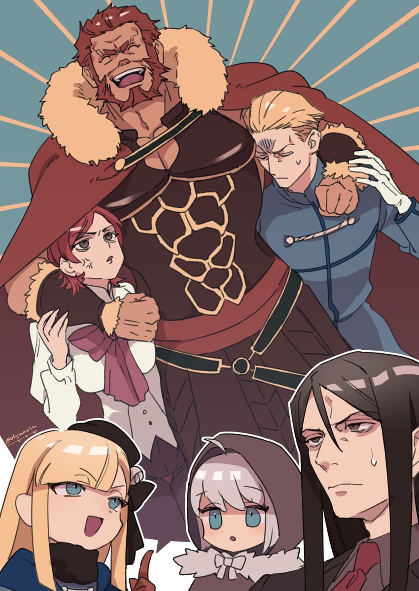 iskandar, waver velvet, reines el-melloi archisorte, lord el-melloi ii, kayneth el-melloi archibald, and 2 more (fate and 2 more) drawn by hya_(ohyaarin)