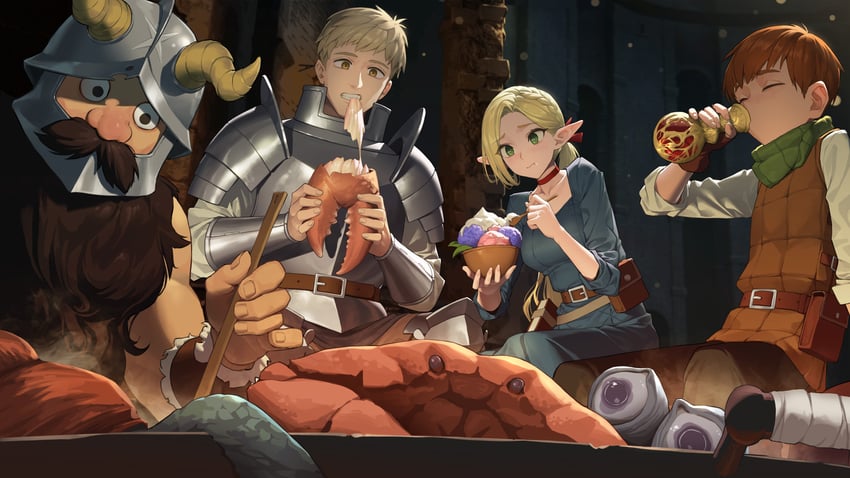 marcille donato, laios touden, senshi, and chilchuck tims (dungeon meshi) drawn by xzu