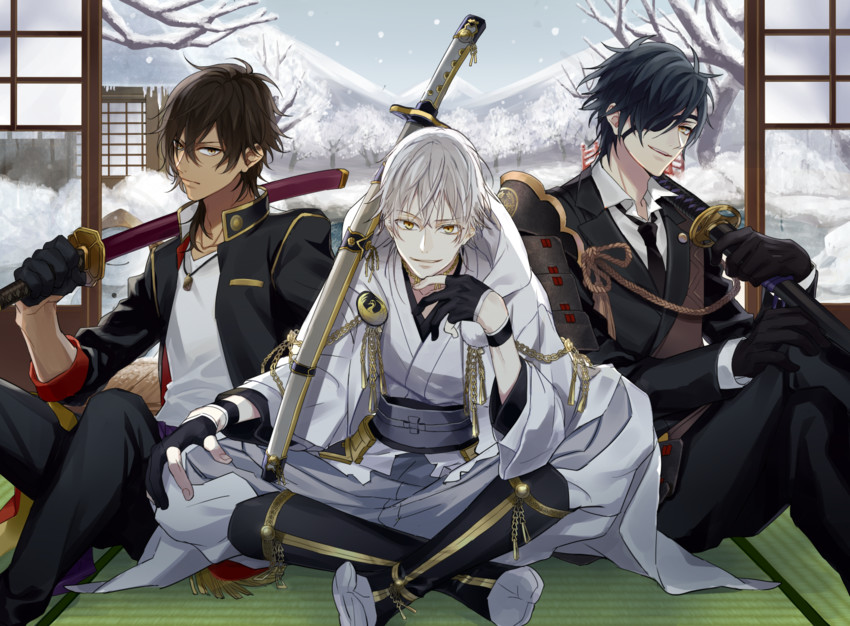 tsurumaru kuninaga, shokudaikiri mitsutada, and ookurikara (touken ranbu) drawn by chigira