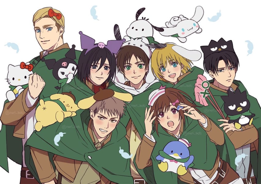 mikasa ackerman, eren yeager, levi, cinnamoroll, armin arlert, and 9 more (shingeki no kyojin and 4 more) drawn by neri_aot