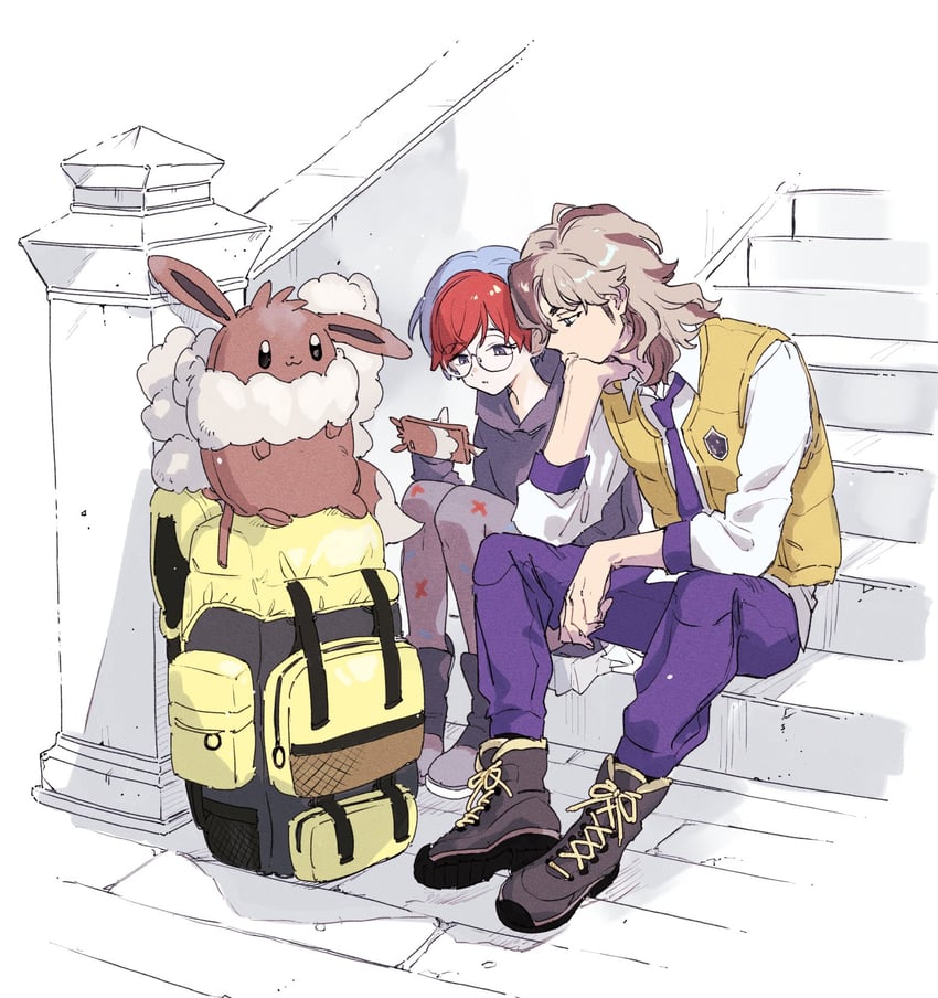 eevee, rotom, rotom phone, penny, and arven (pokemon and 1 more) drawn by e_aasq