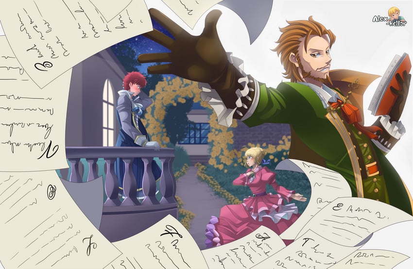 artoria pendragon, saber, emiya shirou, william shakespeare, juliet capulet, and 1 more (fate and 4 more) drawn by alex_kellar