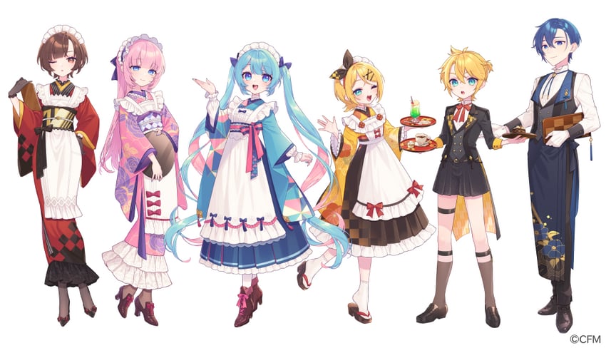 hatsune miku, kagamine rin, kagamine len, megurine luka, kaito, and 1 more (vocaloid) drawn by goshi-san