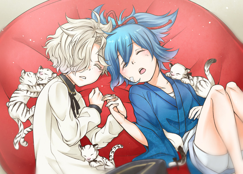 gokotai, sayo samonji, and gokotai's tigers (touken ranbu) drawn by kagetora