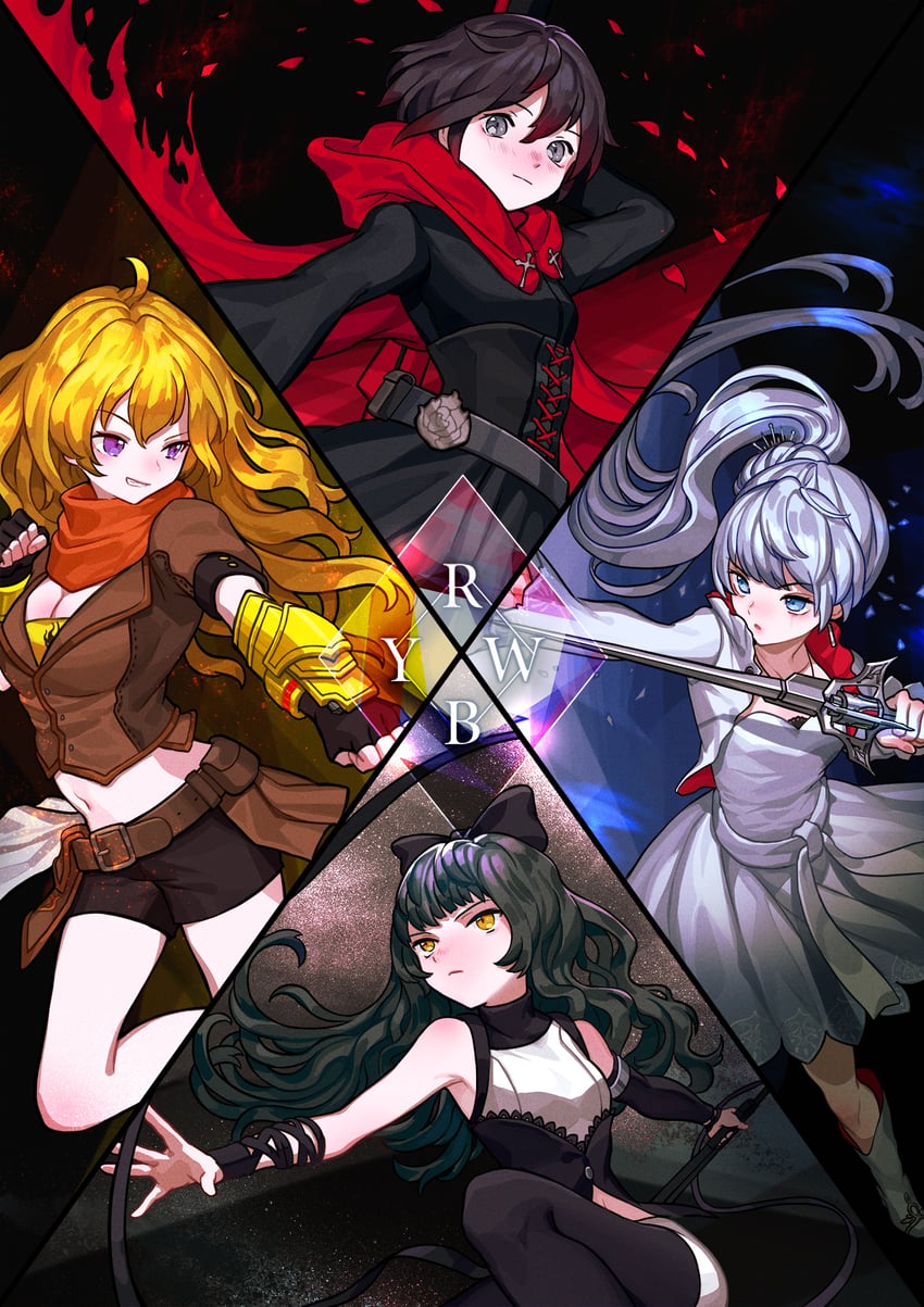 ruby rose, weiss schnee, yang xiao long, and blake belladonna (rwby) drawn by takenoko_(531)