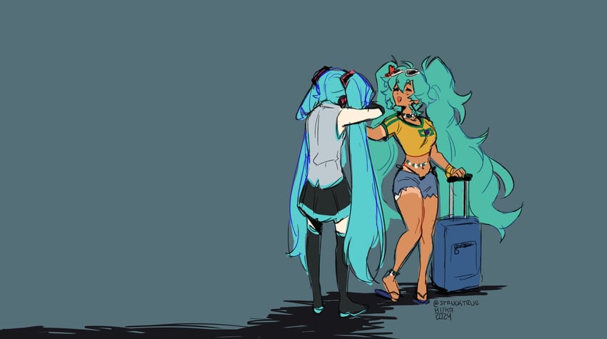 hatsune miku and brazilian miku (vocaloid and 2 more) drawn by kitkaloid