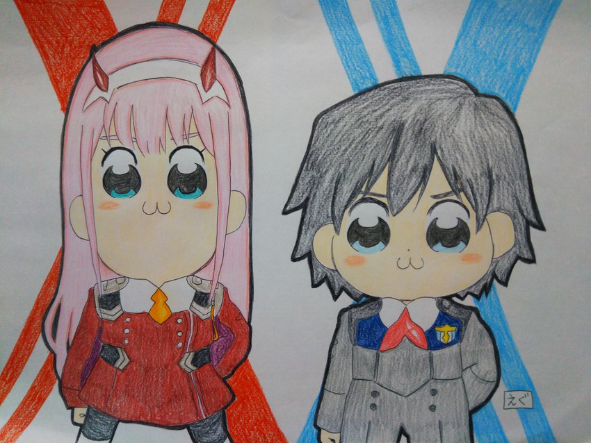zero two and hiro (darling in the franxx and 1 more) drawn by egg-chan