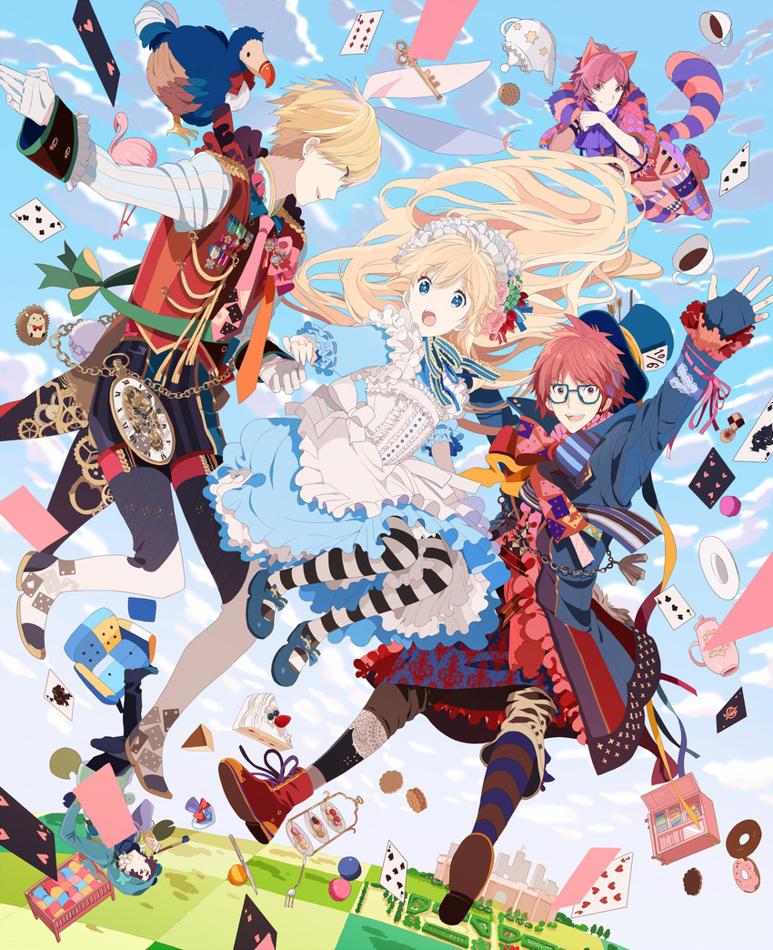 alice, white rabbit, cheshire cat, mad hatter, and caterpillar (alice's adventures in wonderland) drawn by okazaki_oka