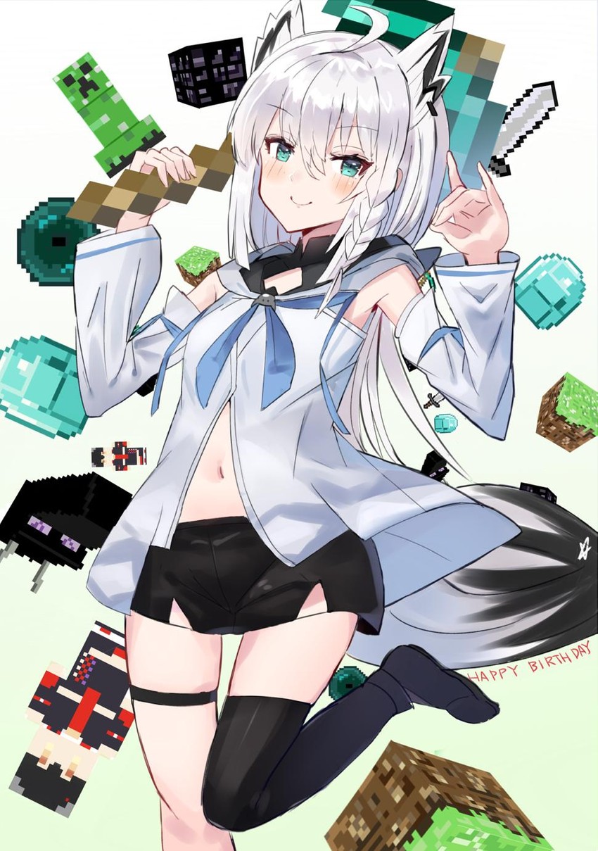 shirakami fubuki, ookami mio, creeper, and ender dragon (hololive and 1 more) drawn by nonon_(xenonbot)
