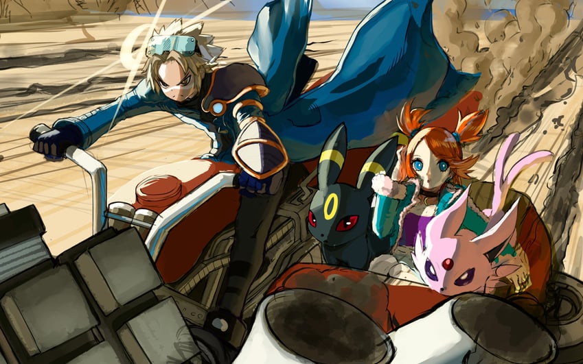 umbreon, espeon, wes, and rui (pokemon and 1 more) drawn by awesomeerix