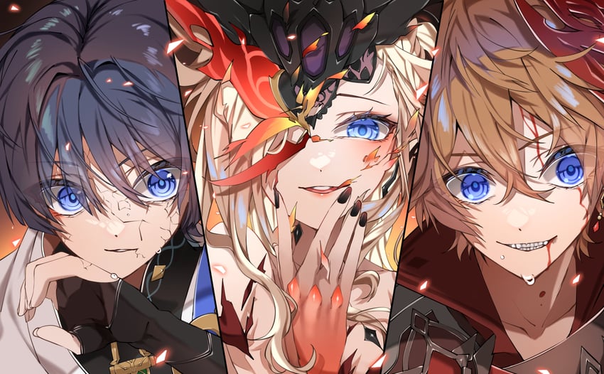 scaramouche, wanderer, tartaglia, and signora (genshin impact) drawn by moderate_gold