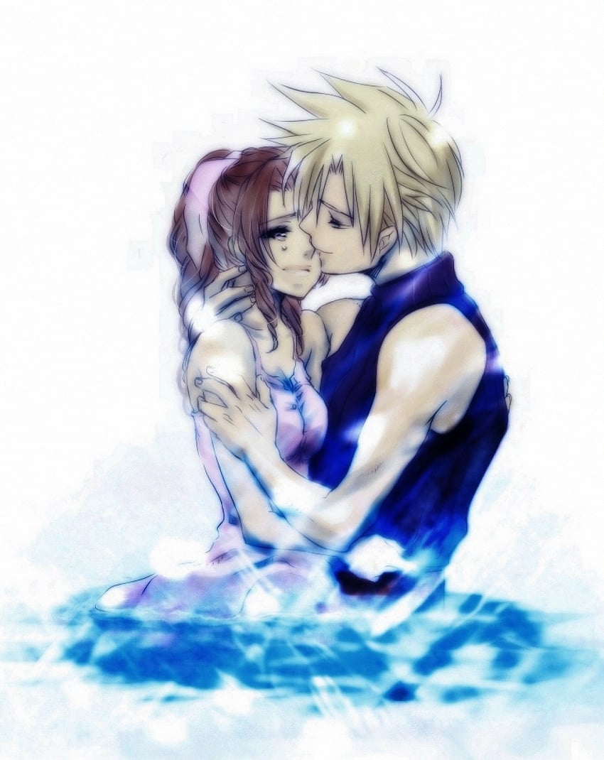 cloud strife and aerith gainsborough (final fantasy and 1 more) drawn by hana_(interstice)