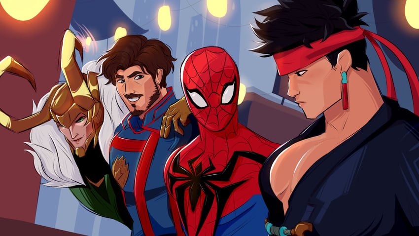 spider-man, loki, peter quill, iron fist, and lin lie (marvel and 4 more) drawn by uncletonyfag
