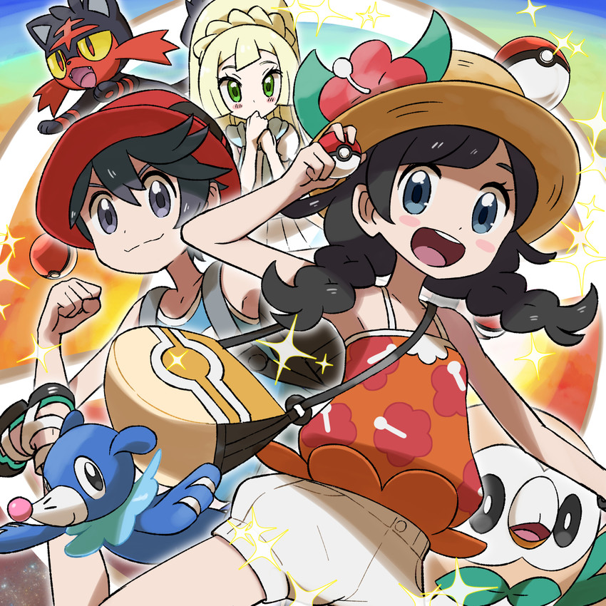 lillie, selene, rowlet, elio, popplio, and 1 more (pokemon and 2 more) drawn by kingin