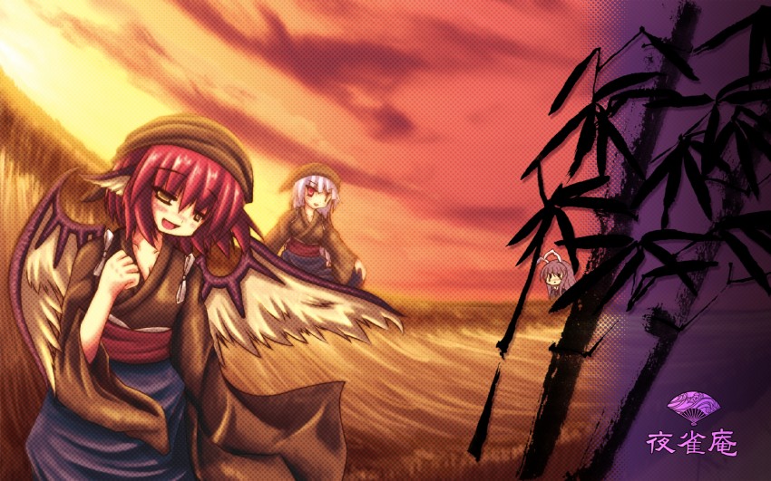 reisen udongein inaba, fujiwara no mokou, mystia lorelei, and okamisty (touhou) drawn by shirokoma_(wagahai_hakushaku)
