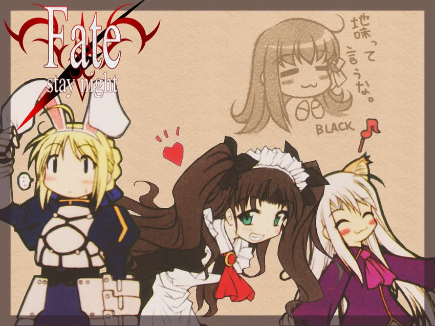 artoria pendragon, saber, tohsaka rin, illyasviel von einzbern, and matou sakura (fate and 1 more) drawn by black_(artist)