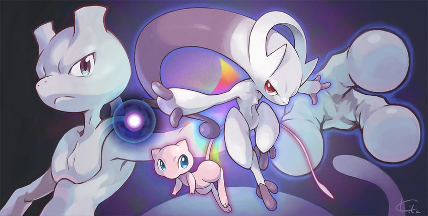 mew, mewtwo, and mega mewtwo y (pokemon) drawn by kitakaze_tomohiro