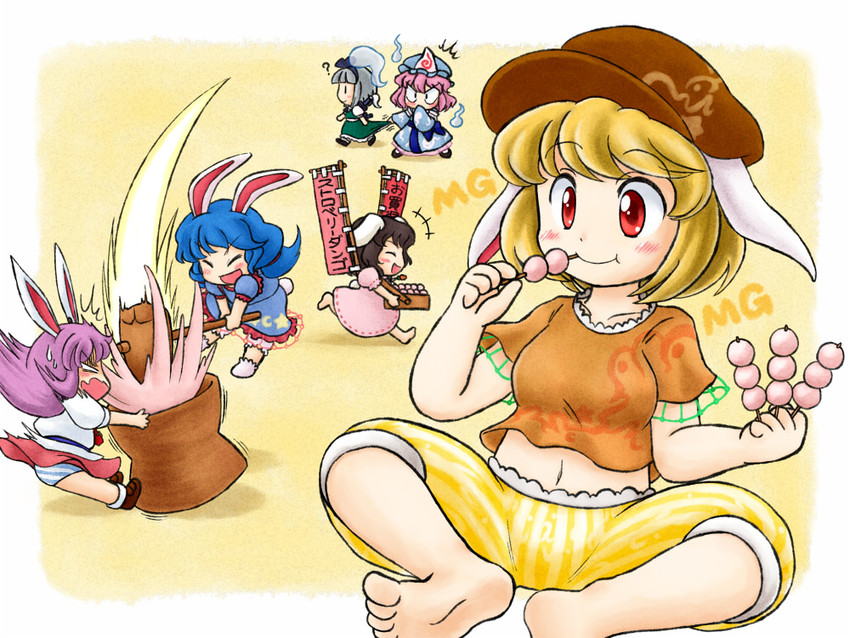 konpaku youmu, reisen udongein inaba, saigyouji yuyuko, inaba tewi, seiran, and 1 more (touhou) drawn by nitamago