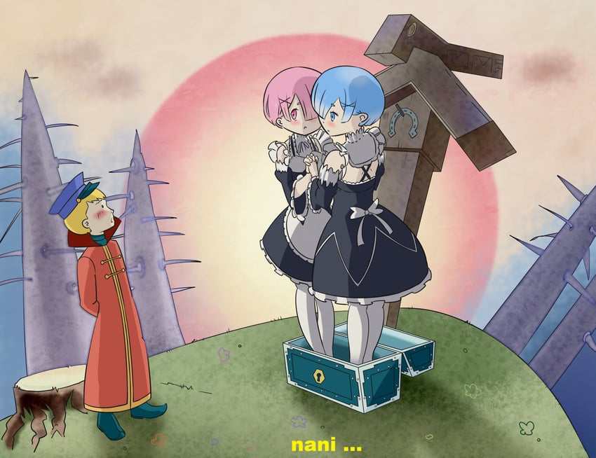 rem, ram, and vovka (re:zero kara hajimeru isekai seikatsu and 1 more) drawn by aivan_pon