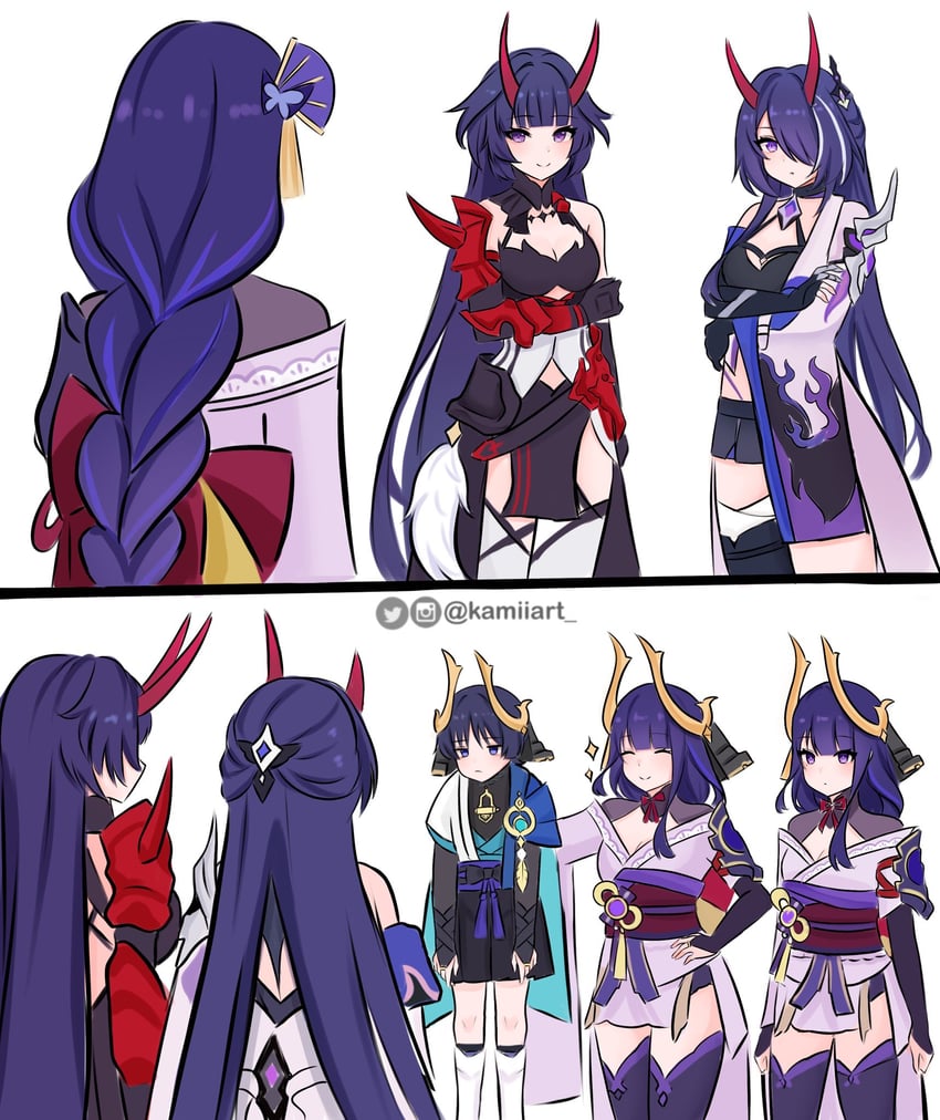 raiden shogun, scaramouche, wanderer, acheron, raiden mei, and 1 more (genshin impact and 4 more) drawn by kamiiart