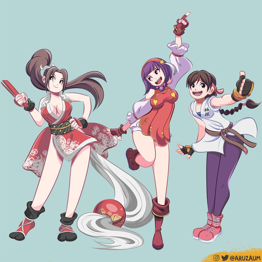shiranui mai, yuri sakazaki, and asamiya athena (the king of fighters and 4 more) drawn by aruzaum