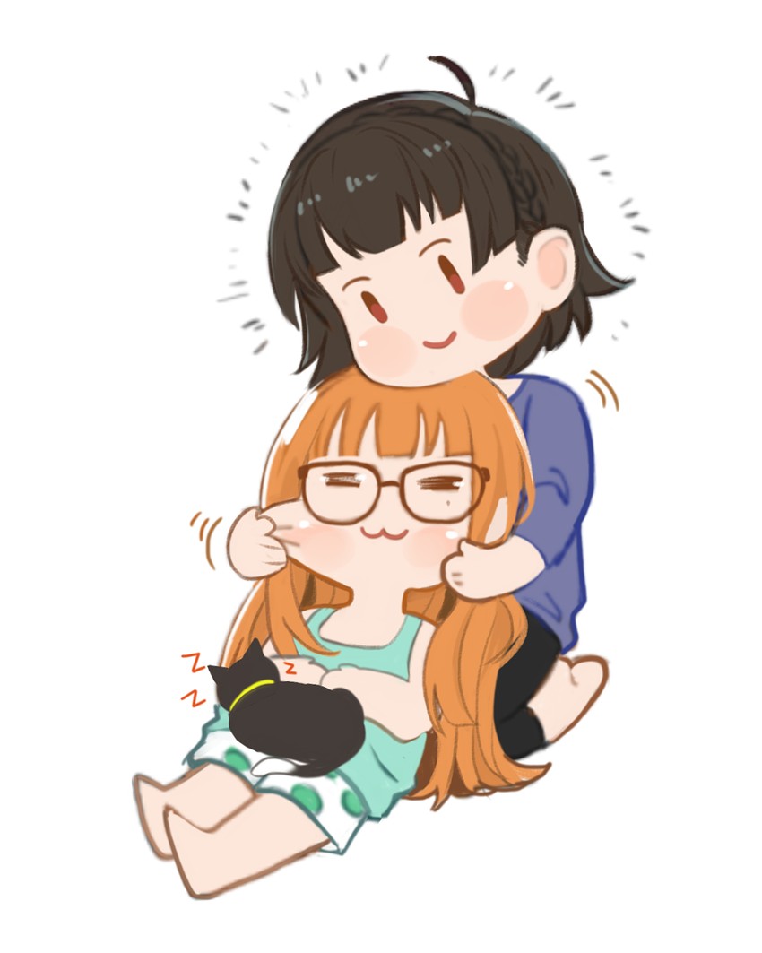 sakura futaba, niijima makoto, and morgana (persona and 1 more) drawn by houhou_(pixiv4771938)