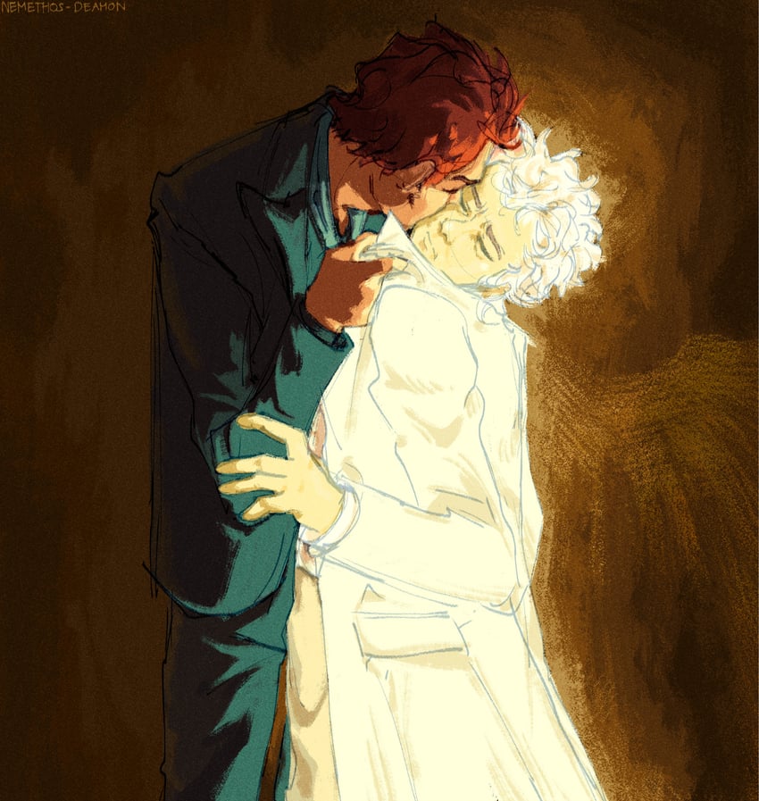 crowley and aziraphale (good omens and 1 more) drawn by nemethos-deamon