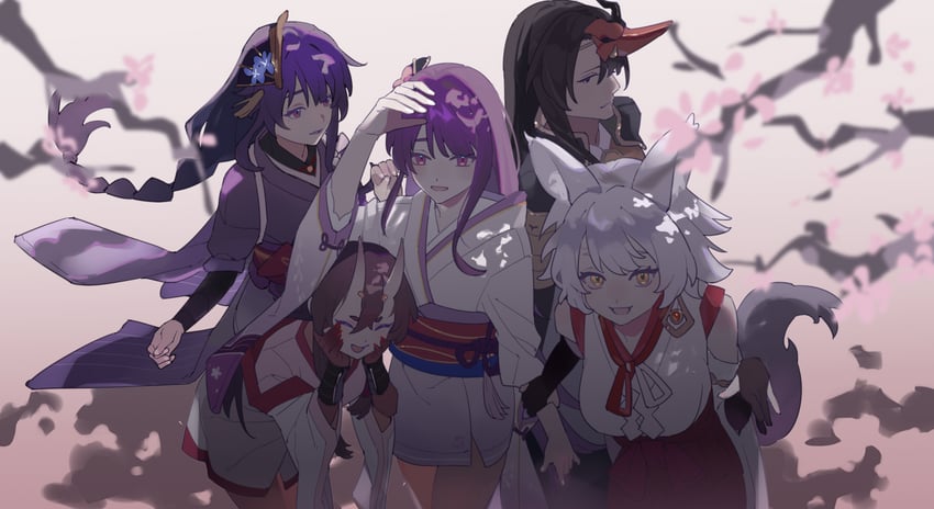 raiden shogun, makoto, kitsune saiguu, chiyo, and sasayuri (genshin impact) drawn by shushixiansheng