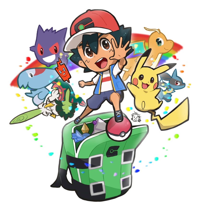 pikachu, ash ketchum, rotom, lucario, gengar, and 4 more (pokemon and 1 more) drawn by masihizu
