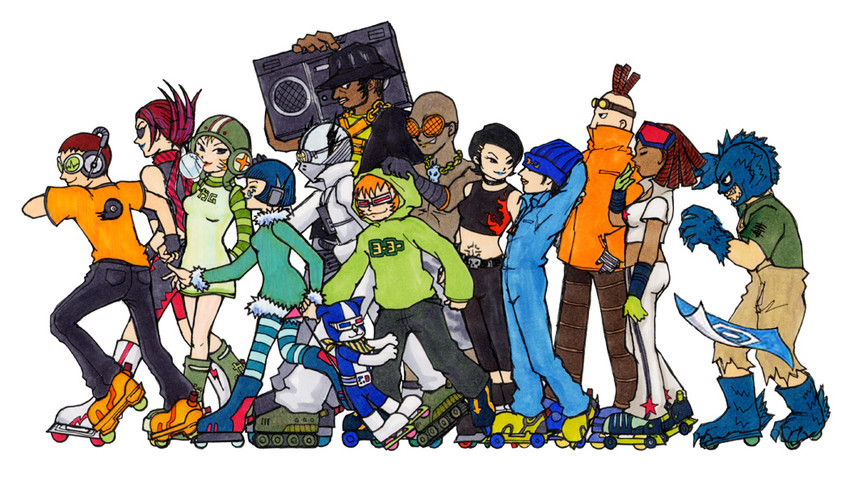 gum, beat, bis, cube, piranha, and 9 more (jet set radio) drawn by soda-drop