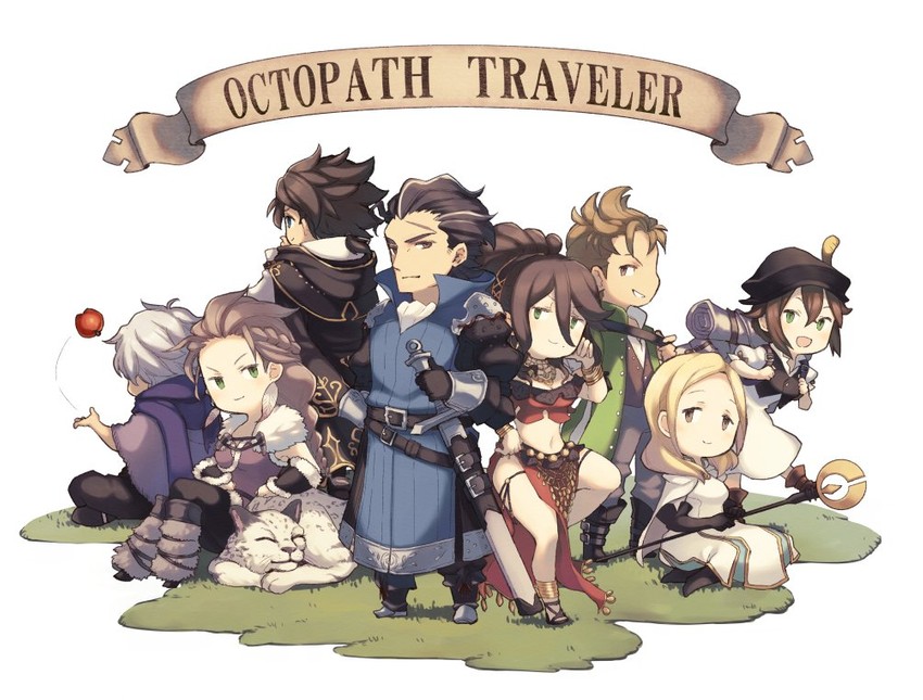 therion, tressa colzione, ophilia clement, primrose azelhart, cyrus albright, and 3 more (octopath traveler and 1 more) drawn by tekutonbo